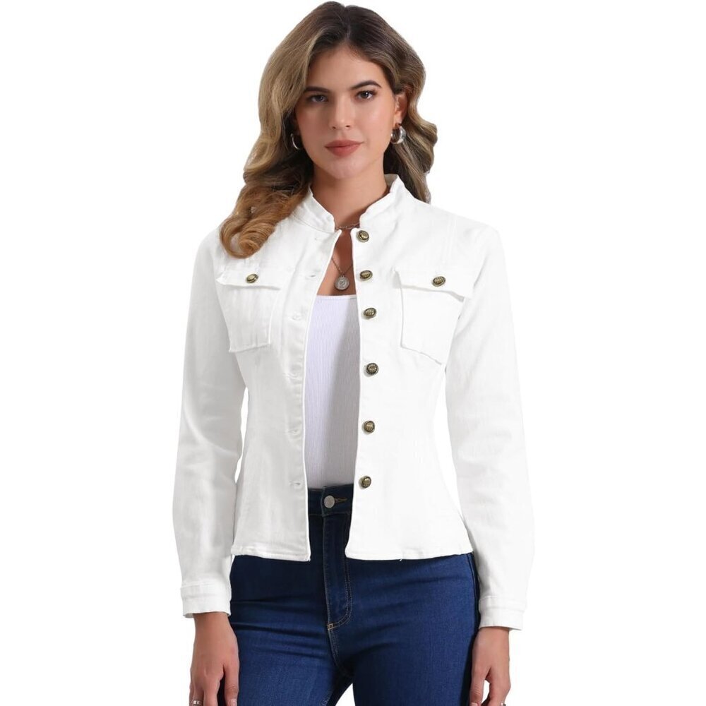 Women's Casual Denim Jacket Classic Stand Collar Long Sleeve Jean Jacket White